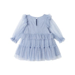 Blå tylkjole til børn med lag-på-lag og flæsedetaljer