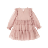 Rosa tylkjole til børn med lagdelt design og lange ærmer