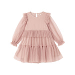 Rosa tylkjole til børn med lagdelt design og lange ærmer