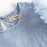 Detaljebillede af blå tylkjole med fint prikmønster og rund hals