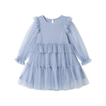 Blå tylkjole til børn med lagdelt design og lange ærmer