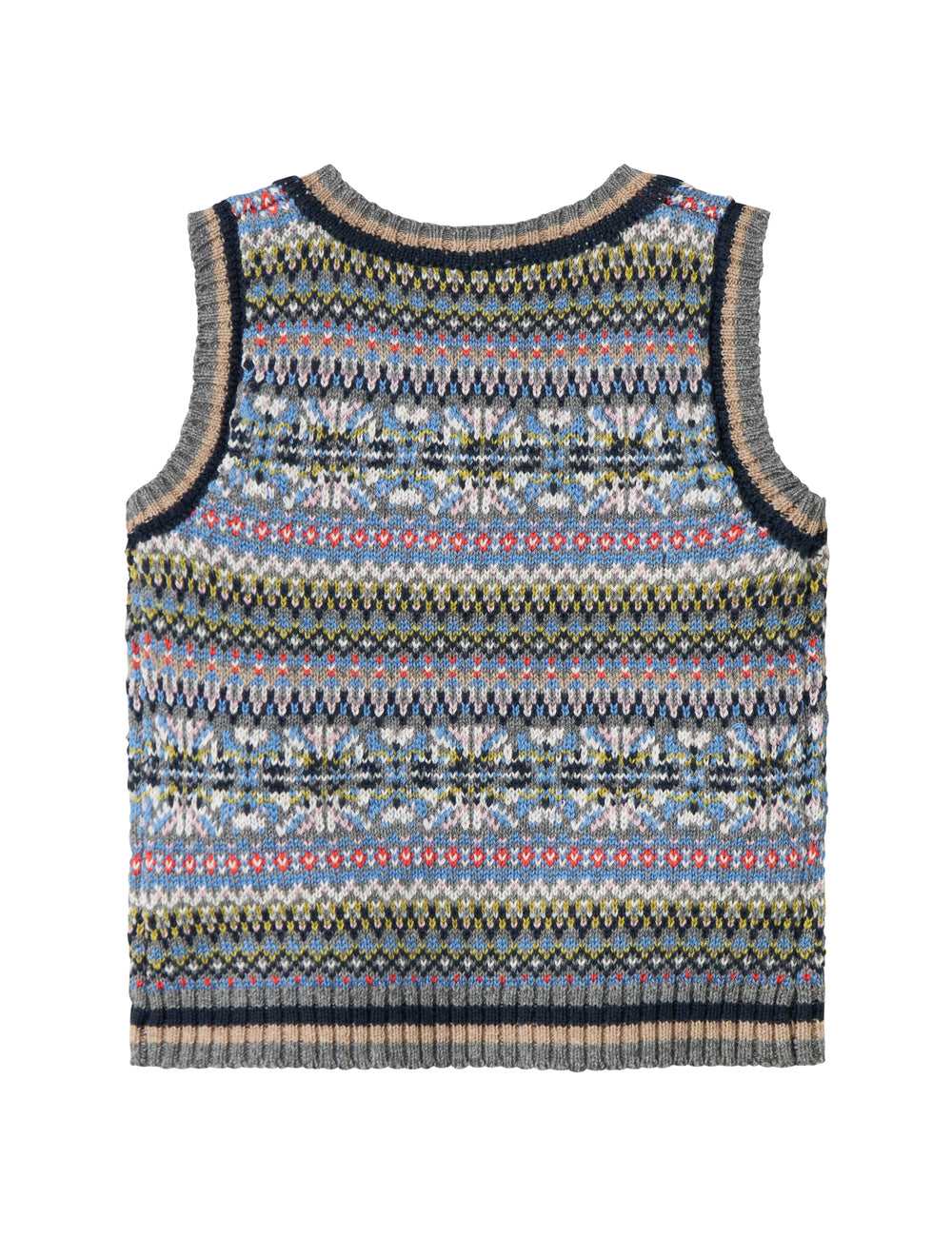 Strikket babyvest med farverigt mønster og V-hals