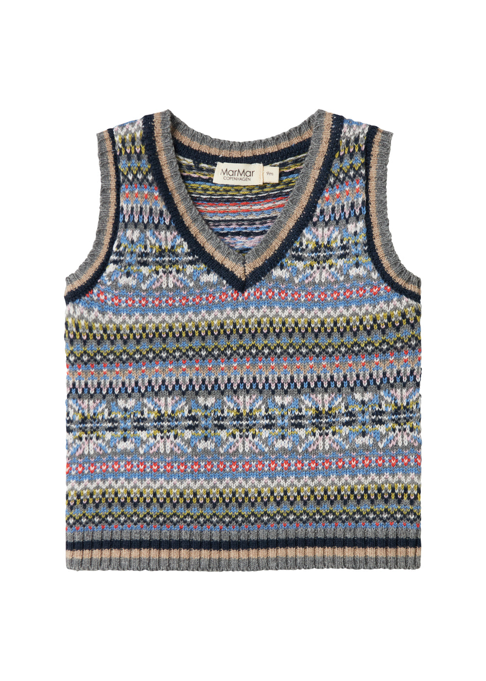 Strikket babyvest med farverigt mønster og V-hals