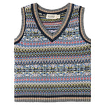 Strikket babyvest med farverigt mønster og V-hals