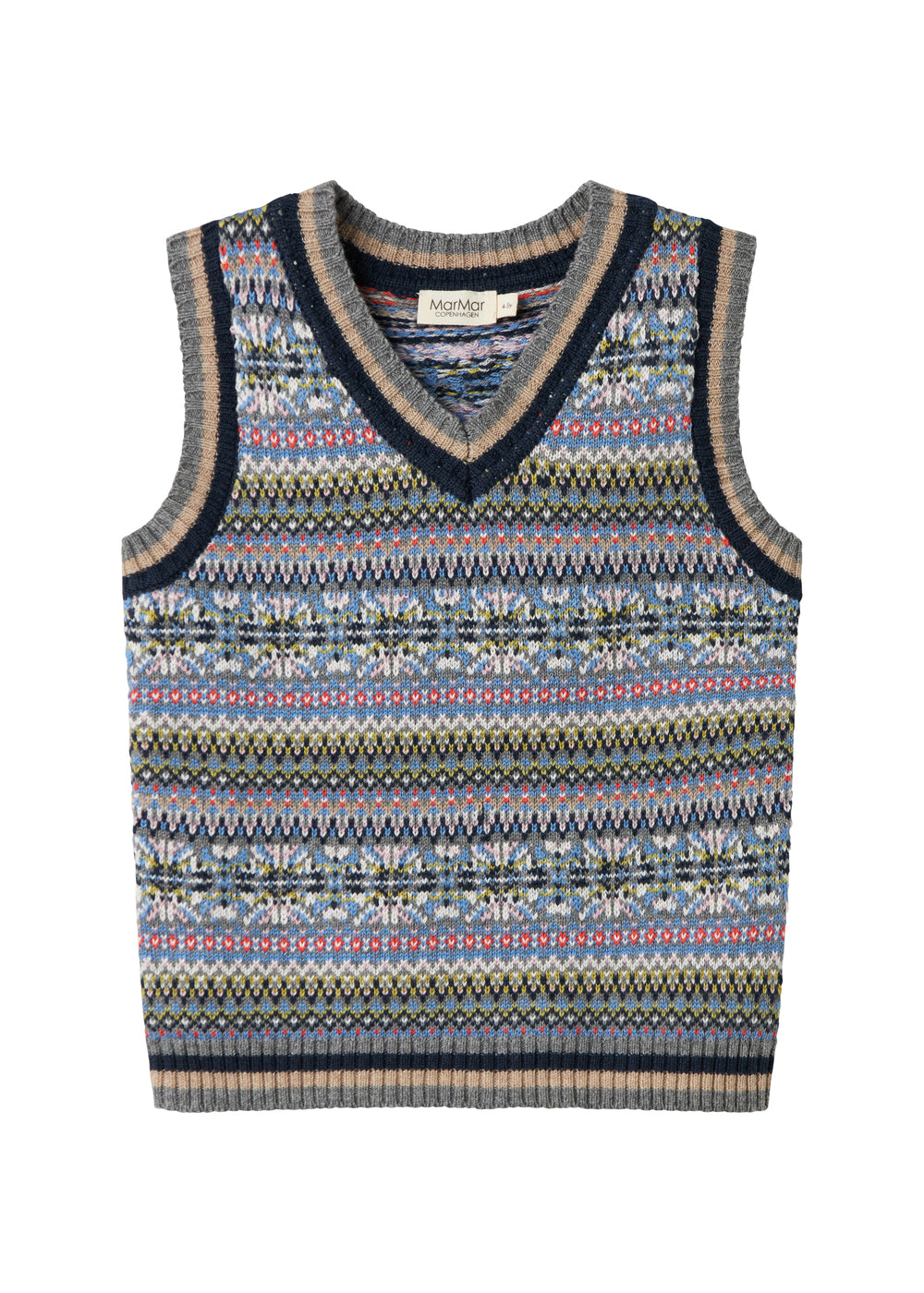 Strikket børnevest med farverigt mønster og V-hals