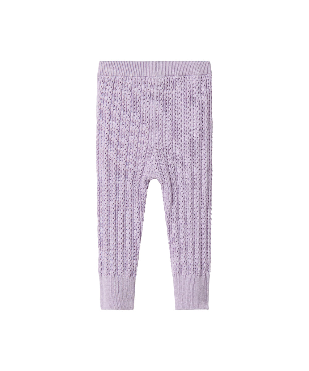 Strikkede lilla leggings til baby i blødt bomuld