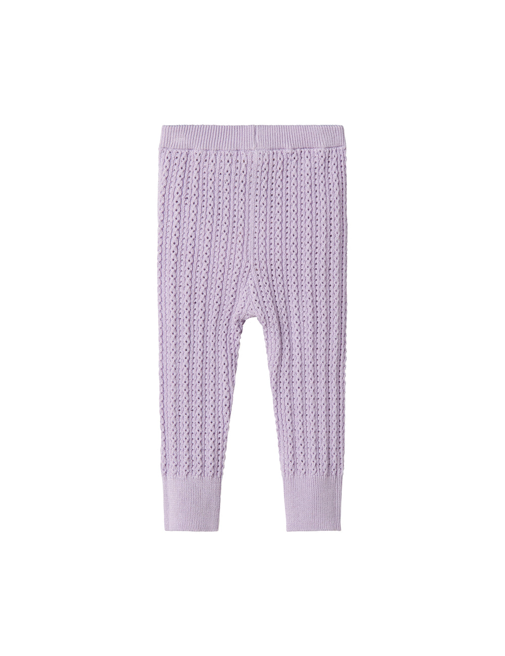 Strikkede lilla leggings til baby i blødt bomuld