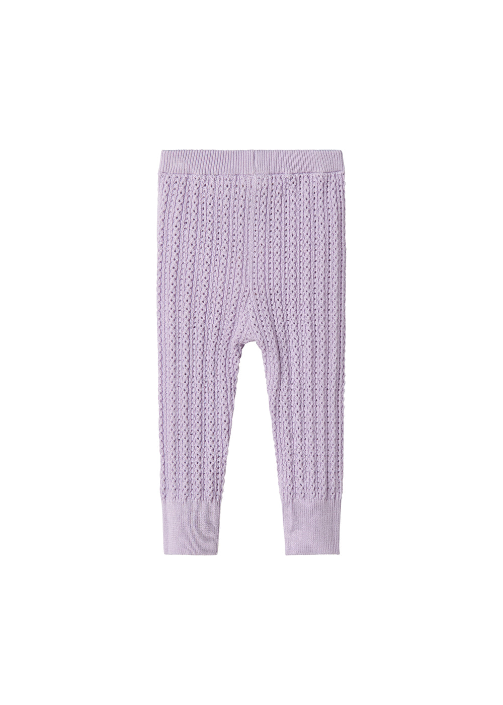 Strikkede lilla leggings til baby i blødt bomuld