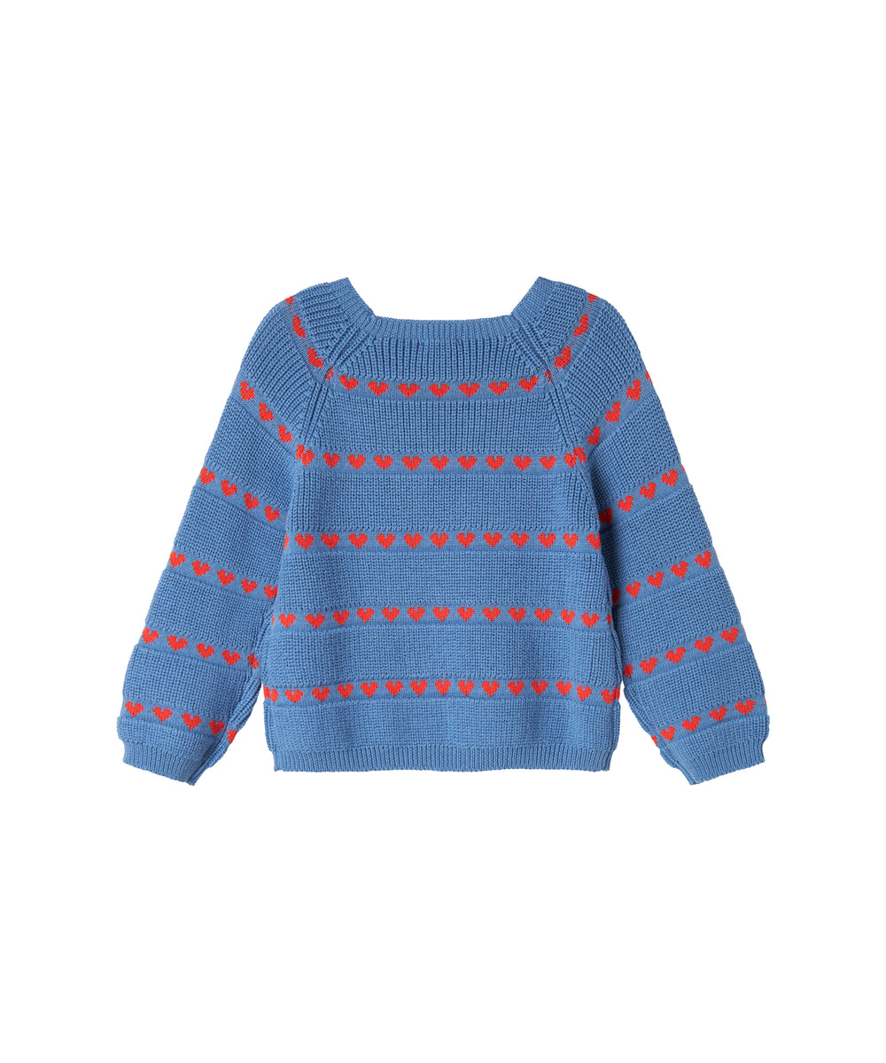 Blå striktrøje til børn med røde hjerter og lange ærmer