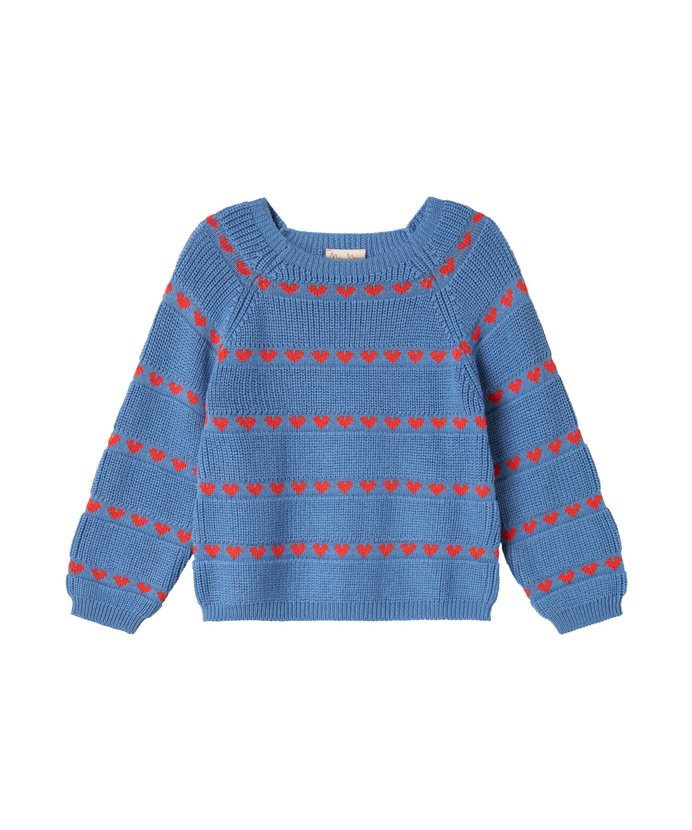 Blå striktrøje til kvinder med røde hjerter og rund hals