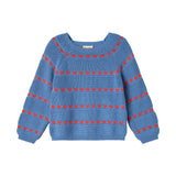 Blå striktrøje til kvinder med røde hjerter og rund hals