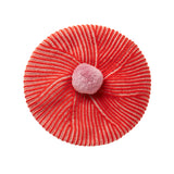 Rød og hvid strikket beret med lyserød kvast