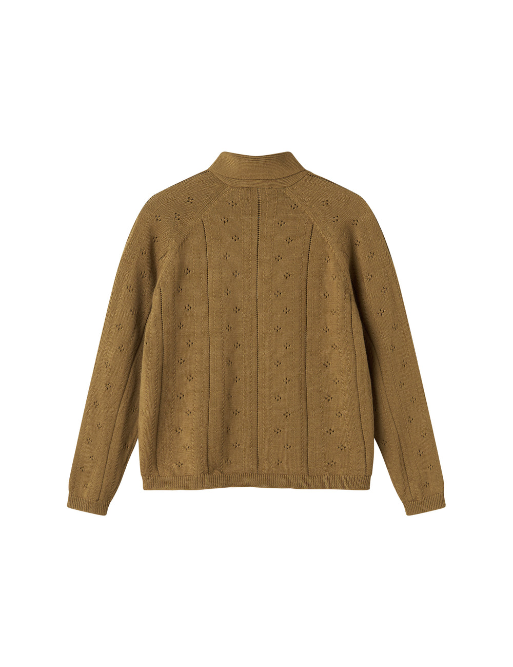 Brun strikket cardigan til børn med knapper og sløjfe ved halsen