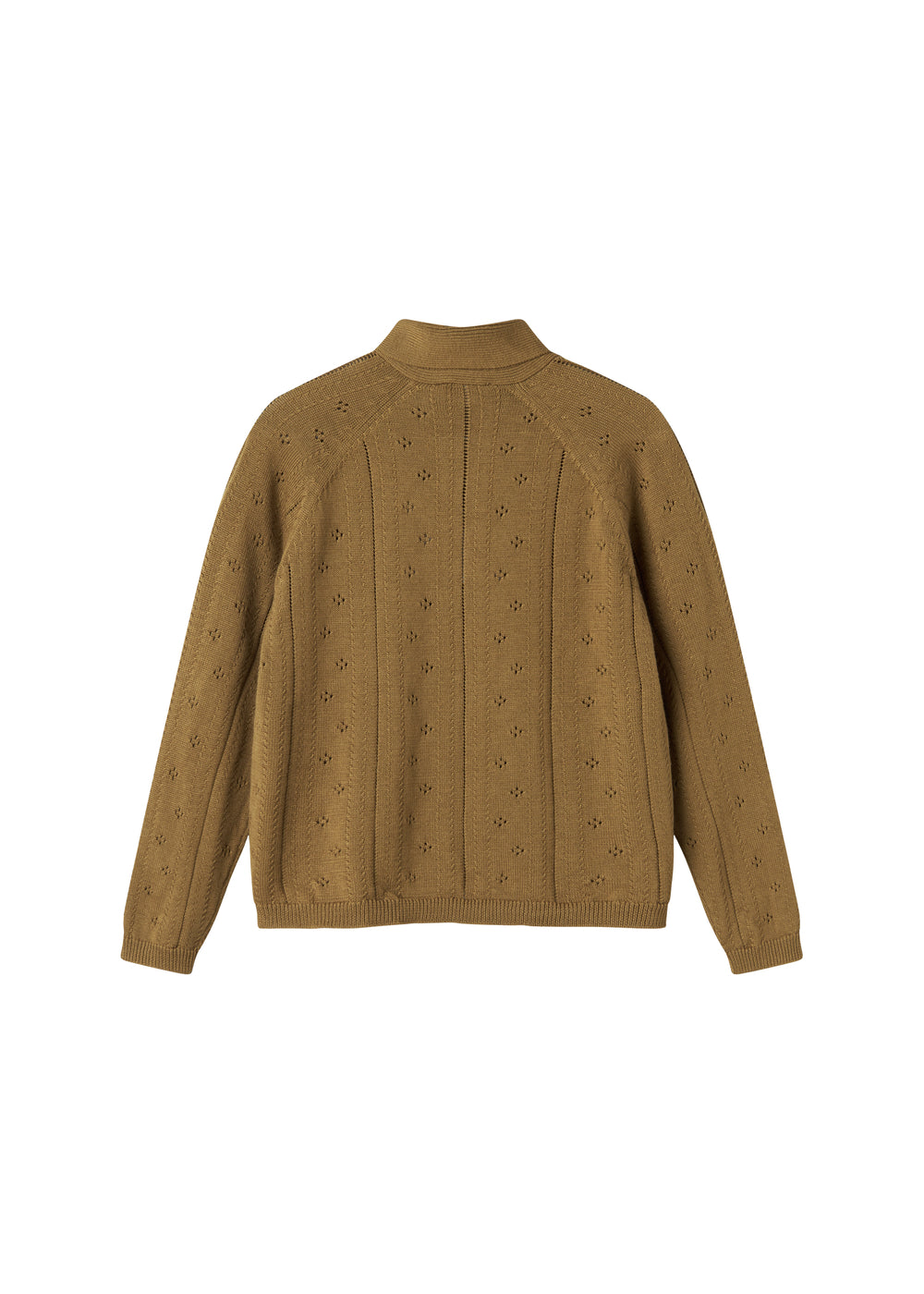 Brun strikket cardigan til børn med knapper og sløjfe ved halsen