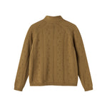 Brun strikket cardigan til børn med knapper og sløjfe ved halsen