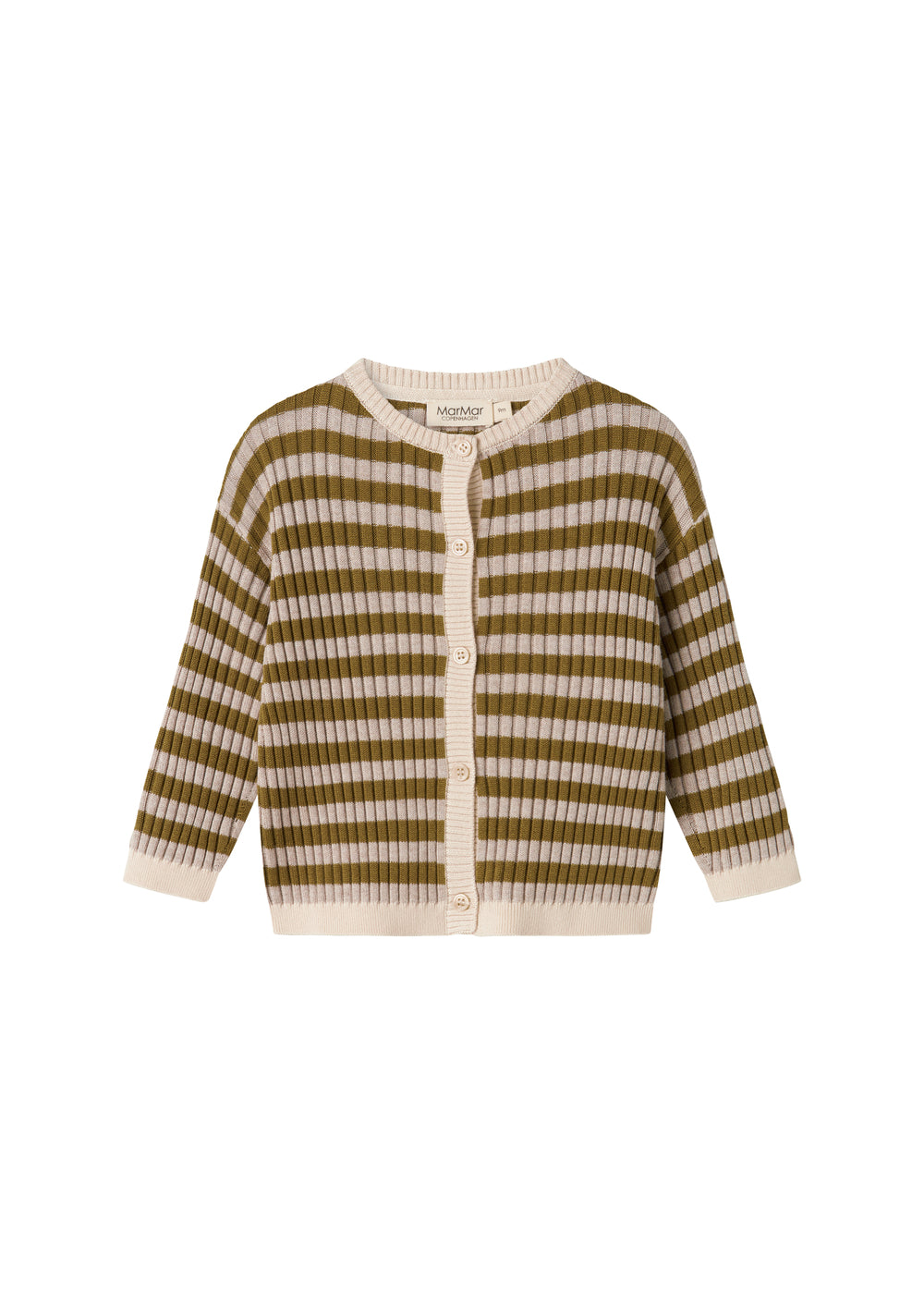 Stribet strikcardigan til børn med knaplukning og rund hals