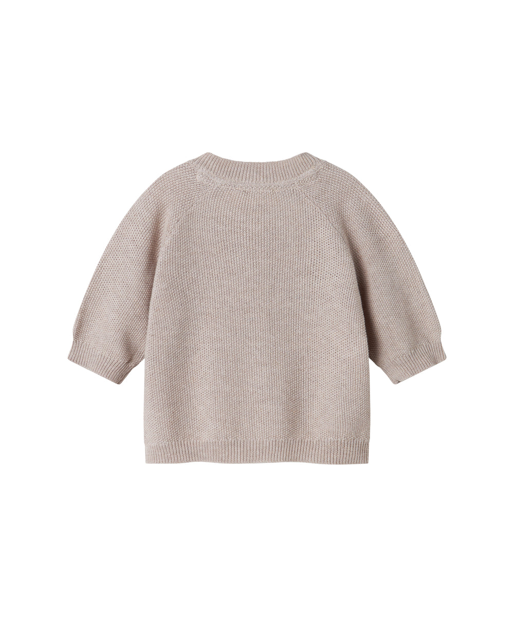 Beige/grå strikket babycardigan med knaplukning foran