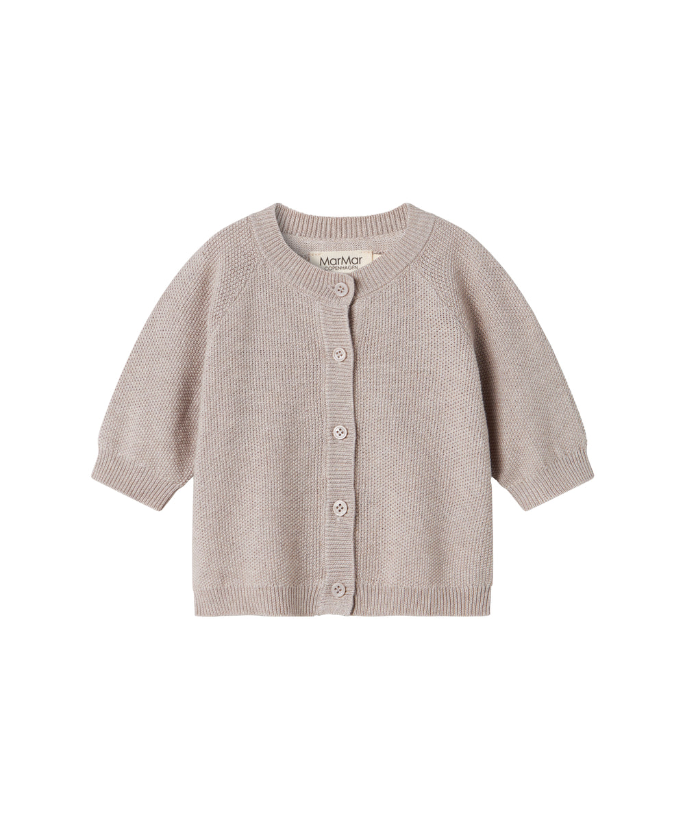 Beige/grå strikket babycardigan med knaplukning foran