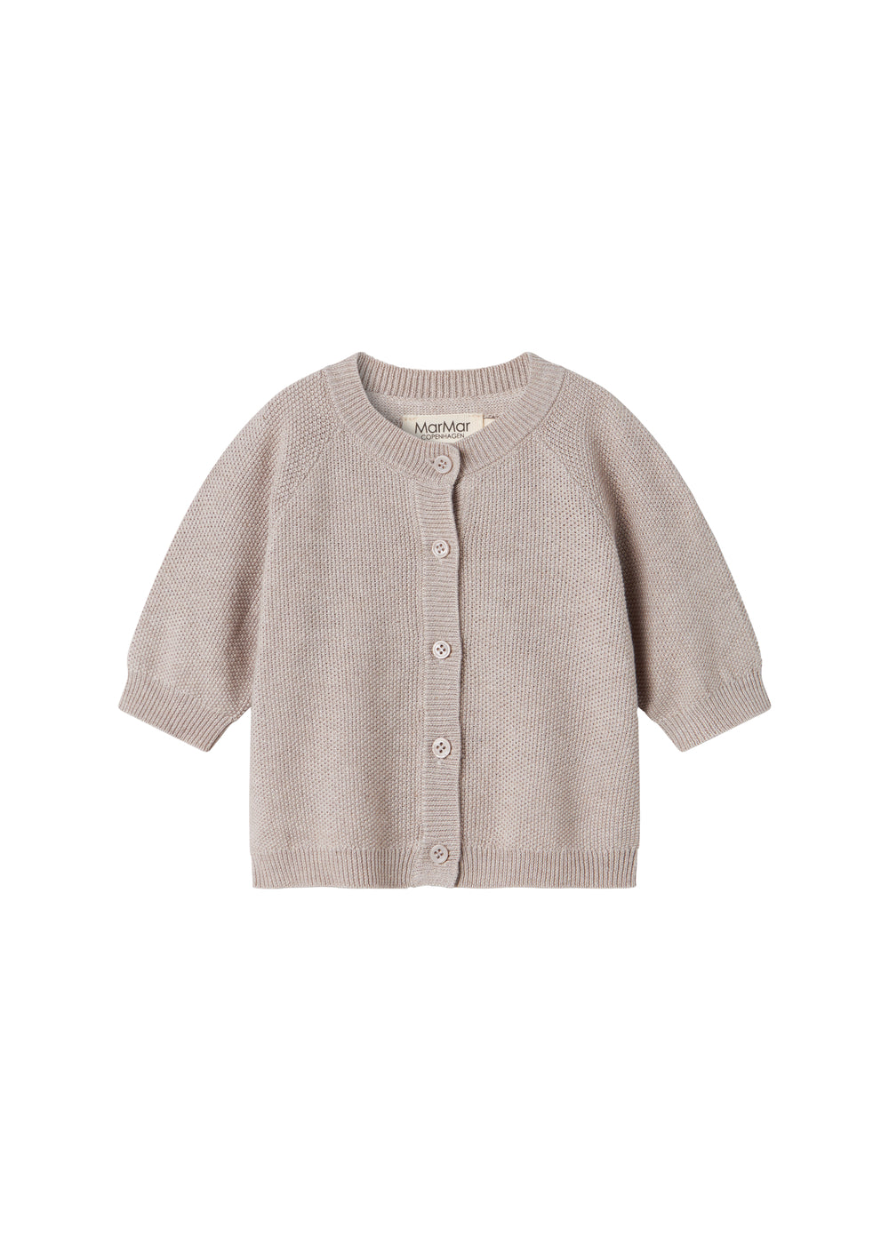 Beige/grå strikket babycardigan med knaplukning foran