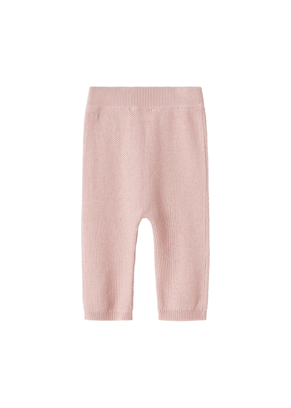 Lyserøde strikkede babybukser med elastik i taljen