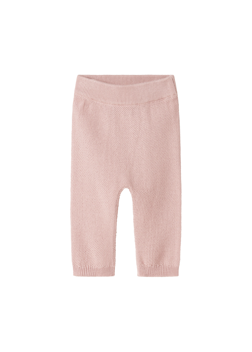 Lyserøde strikkede babybukser med elastik i taljen