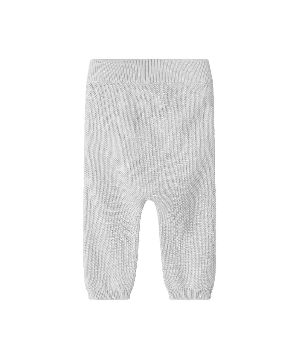 Grå strikkede babybukser med elastik i taljen