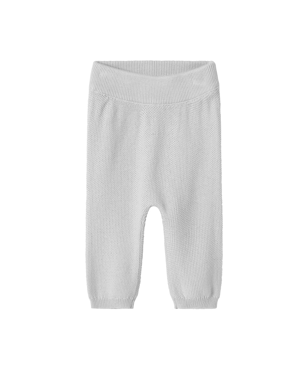 Grå strikkede babybukser med elastik i taljen