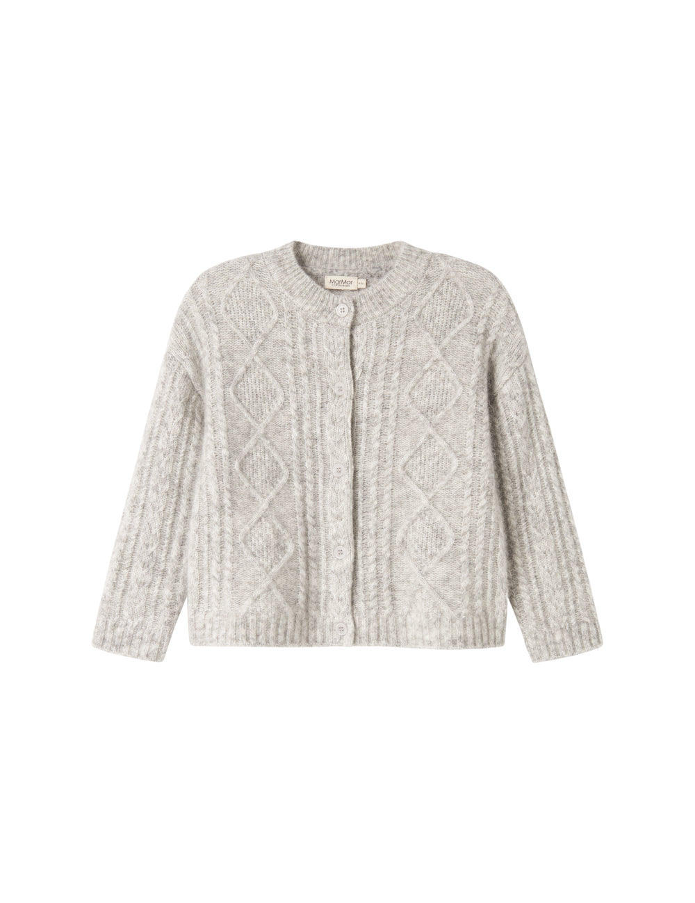Lysegrå cardigan til børn i uld med kabelstrik og knapper