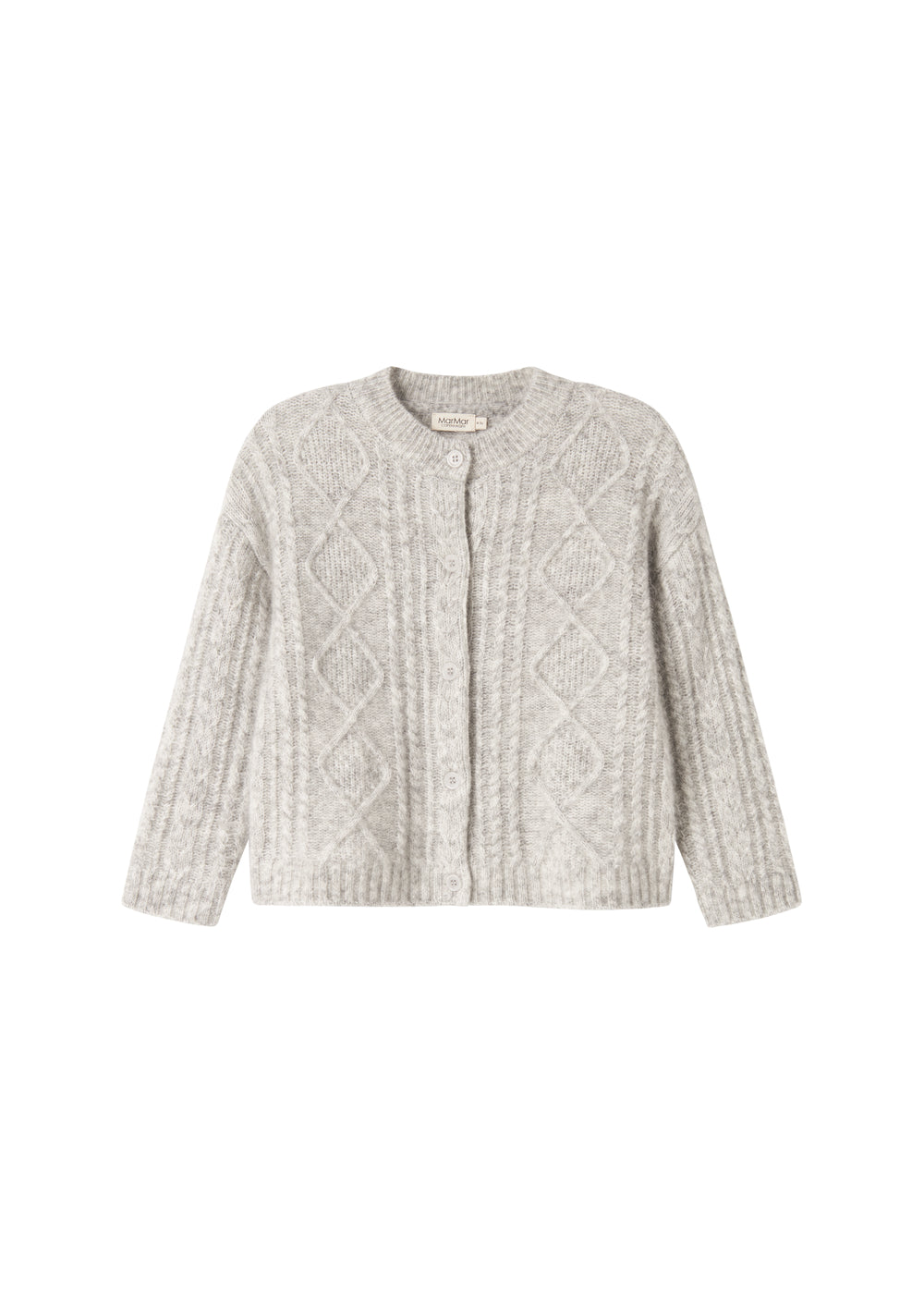 Lysegrå cardigan til børn  i uld med kabelstrik og knapper