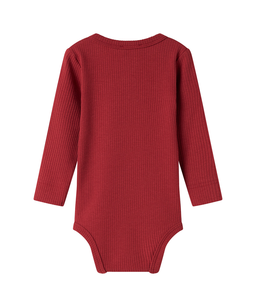 Rød ribbet body med stolpeknaplukning til baby