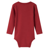 Rød ribbet body med stolpeknaplukning til baby