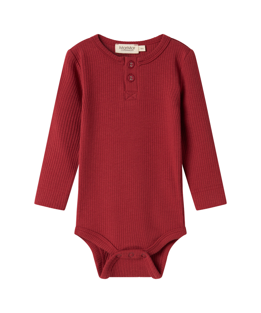 Rød ribbet body med stolpeknaplukning til baby