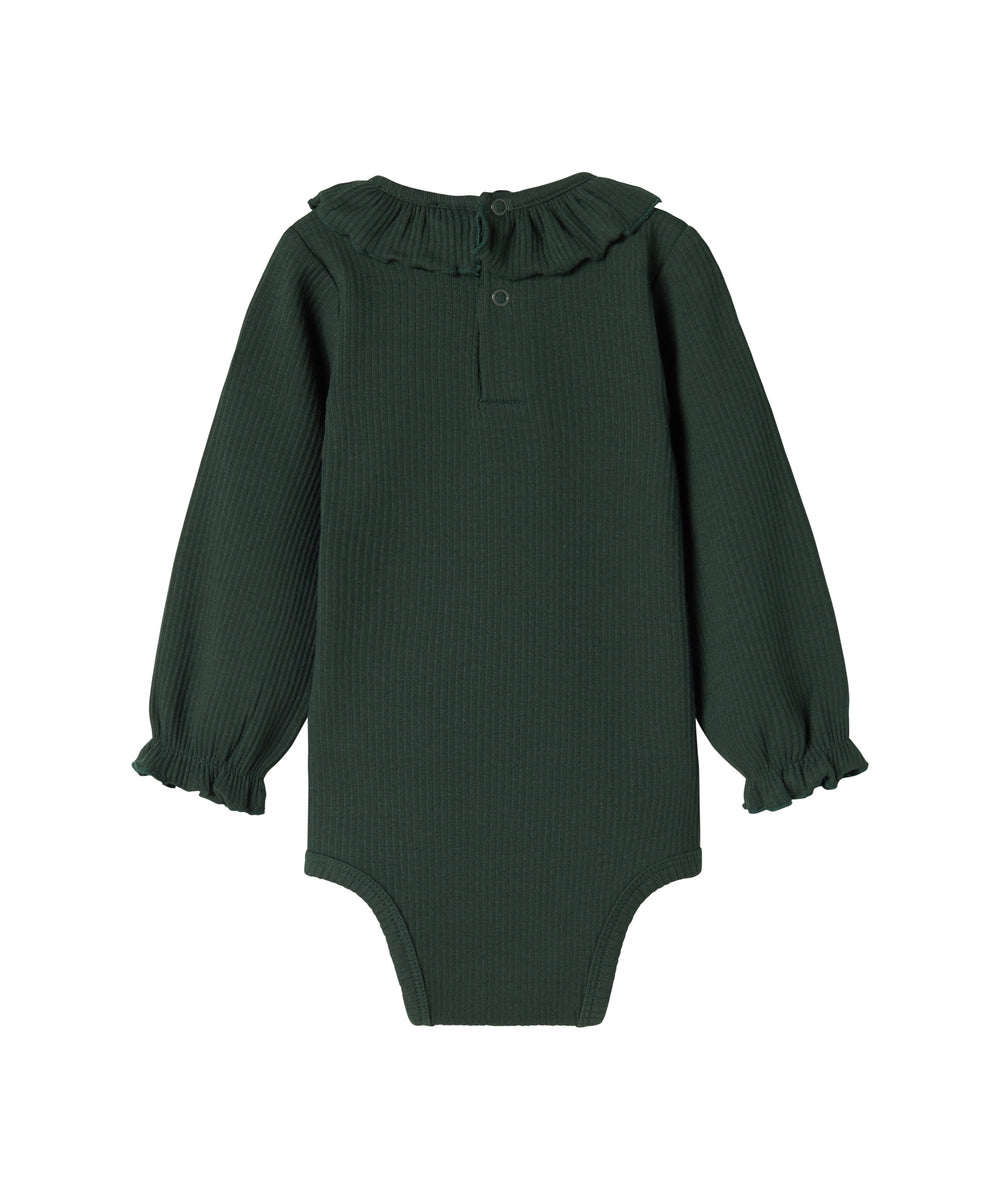 Grøn ribbet baby bodystocking med lange ærmer og flæsekrave