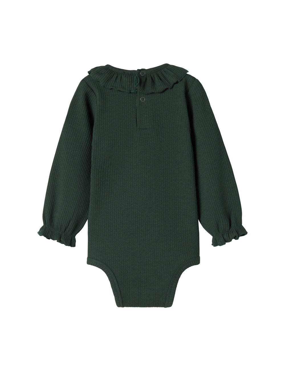 Grøn ribbet baby bodystocking med lange ærmer og flæsekrave