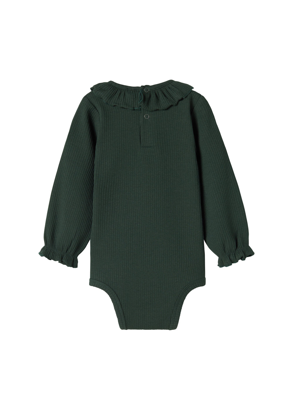Grøn ribbet baby bodystocking med lange ærmer og flæsekrave