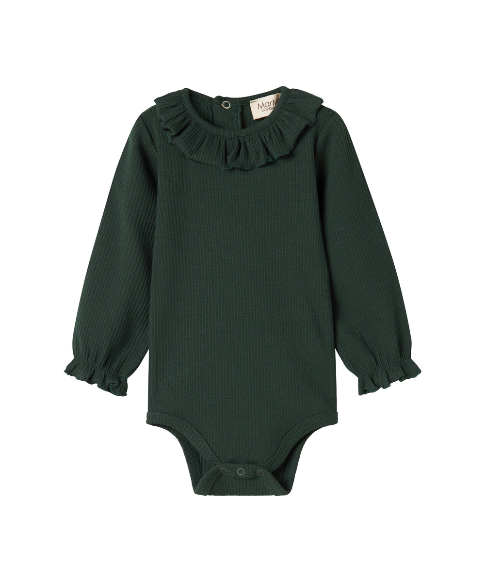 Grøn ribbet baby bodystocking med lange ærmer og flæsekrave