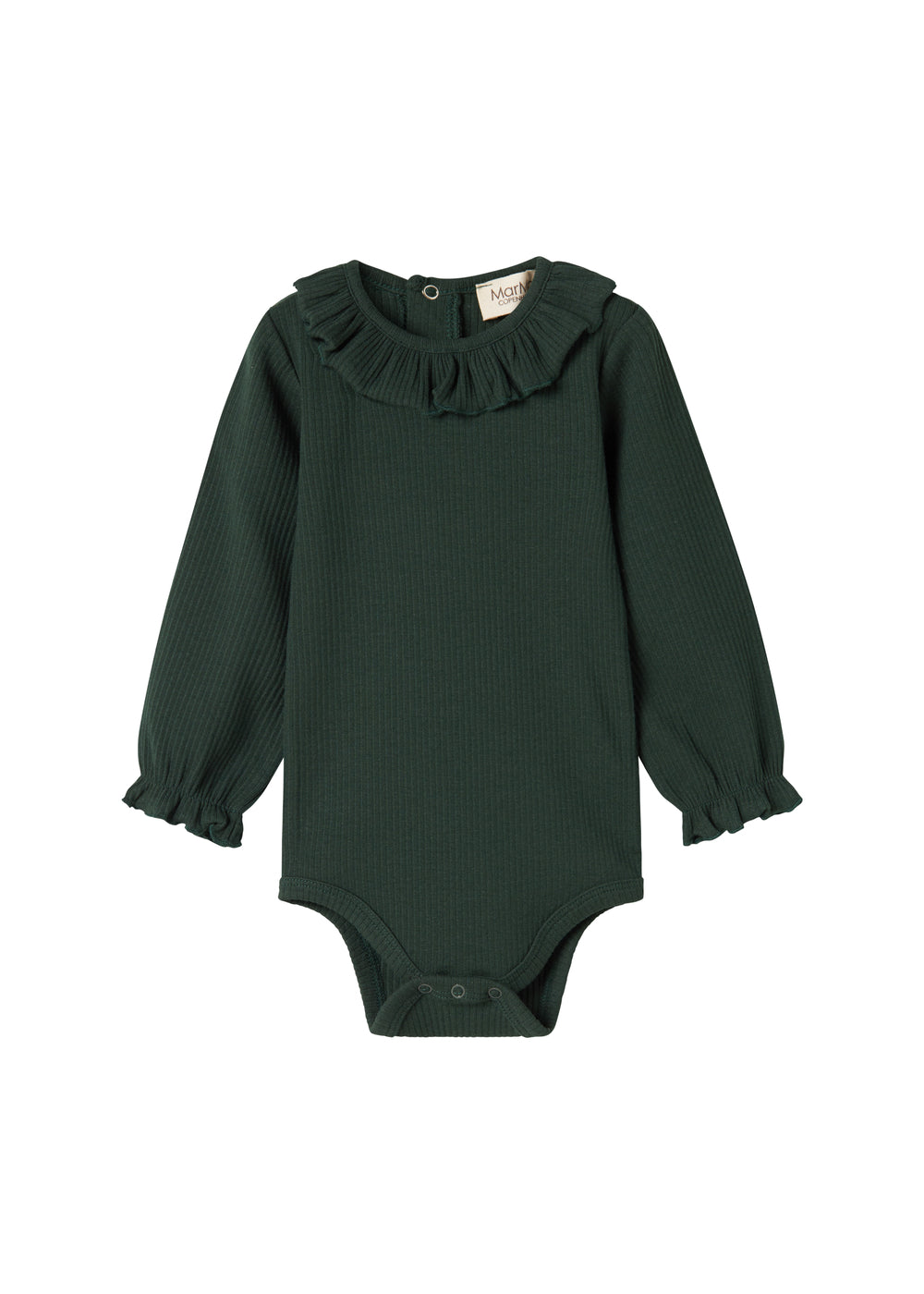 Grøn ribbet baby bodystocking med lange ærmer og flæsekrave