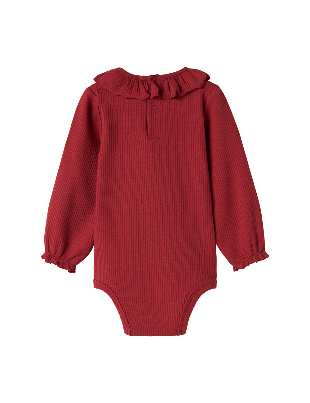 Rød ribbet body med lange ærmer og flæsekrave til baby