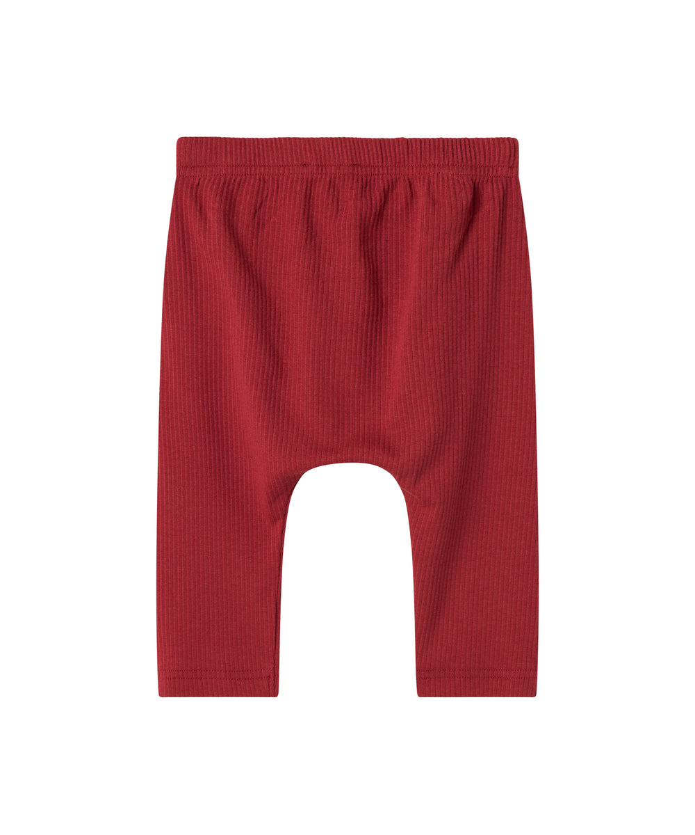 Røde ribbede babybukser med snøre i taljen