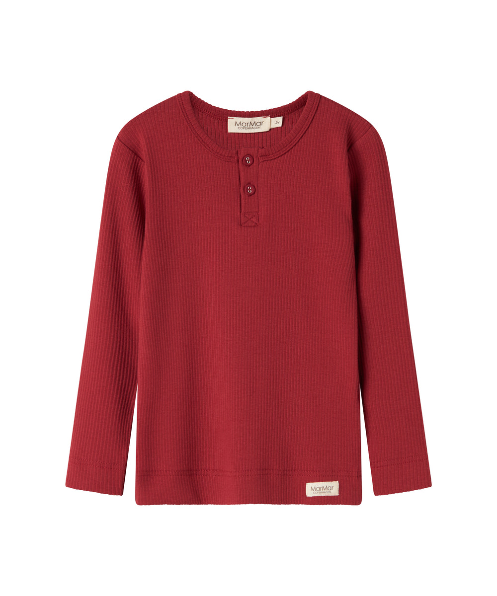 Rød ribstrikket bluse med stolpeknaplukning til børn