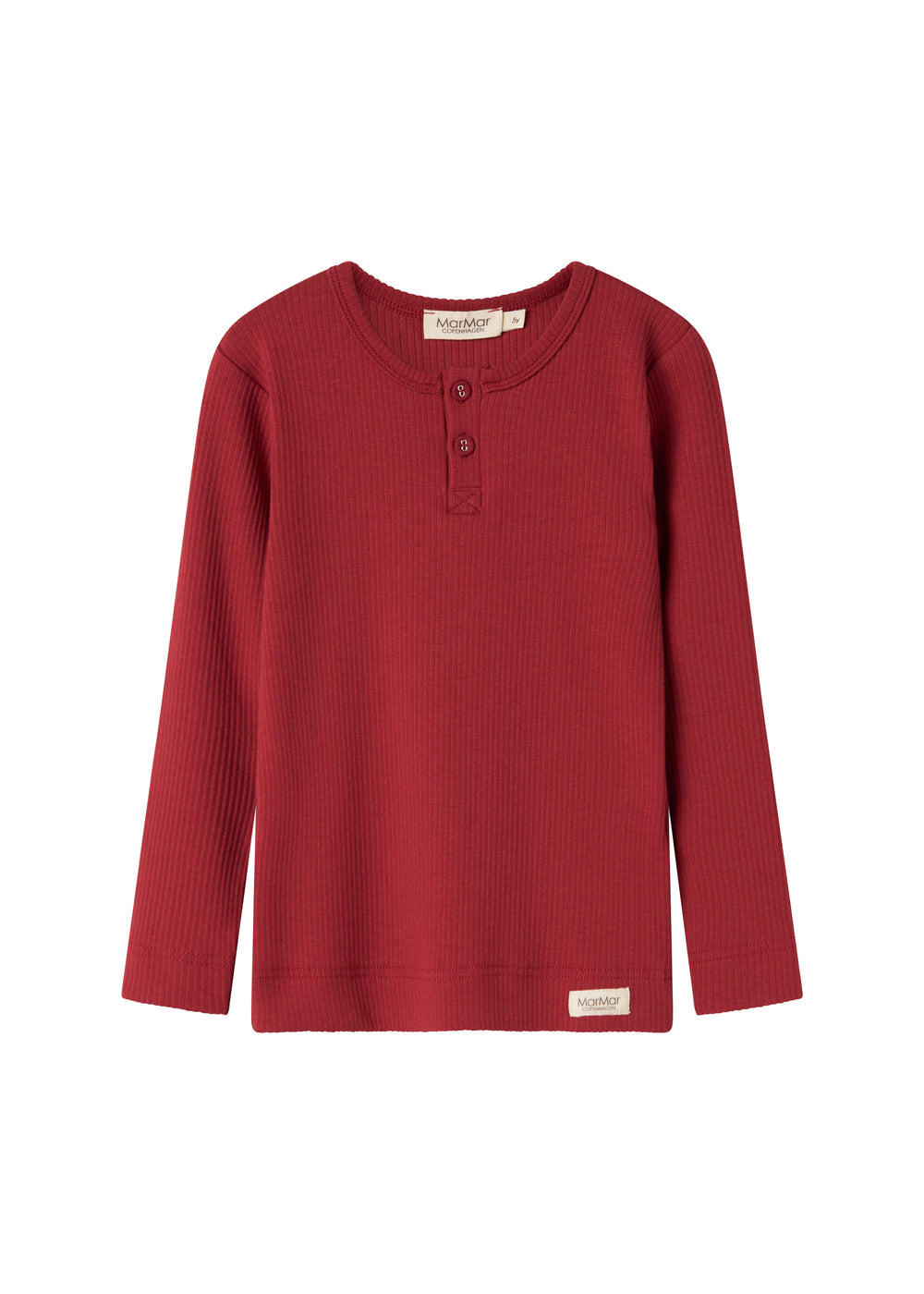 Rød ribstrikket bluse med stolpeknaplukning til børn