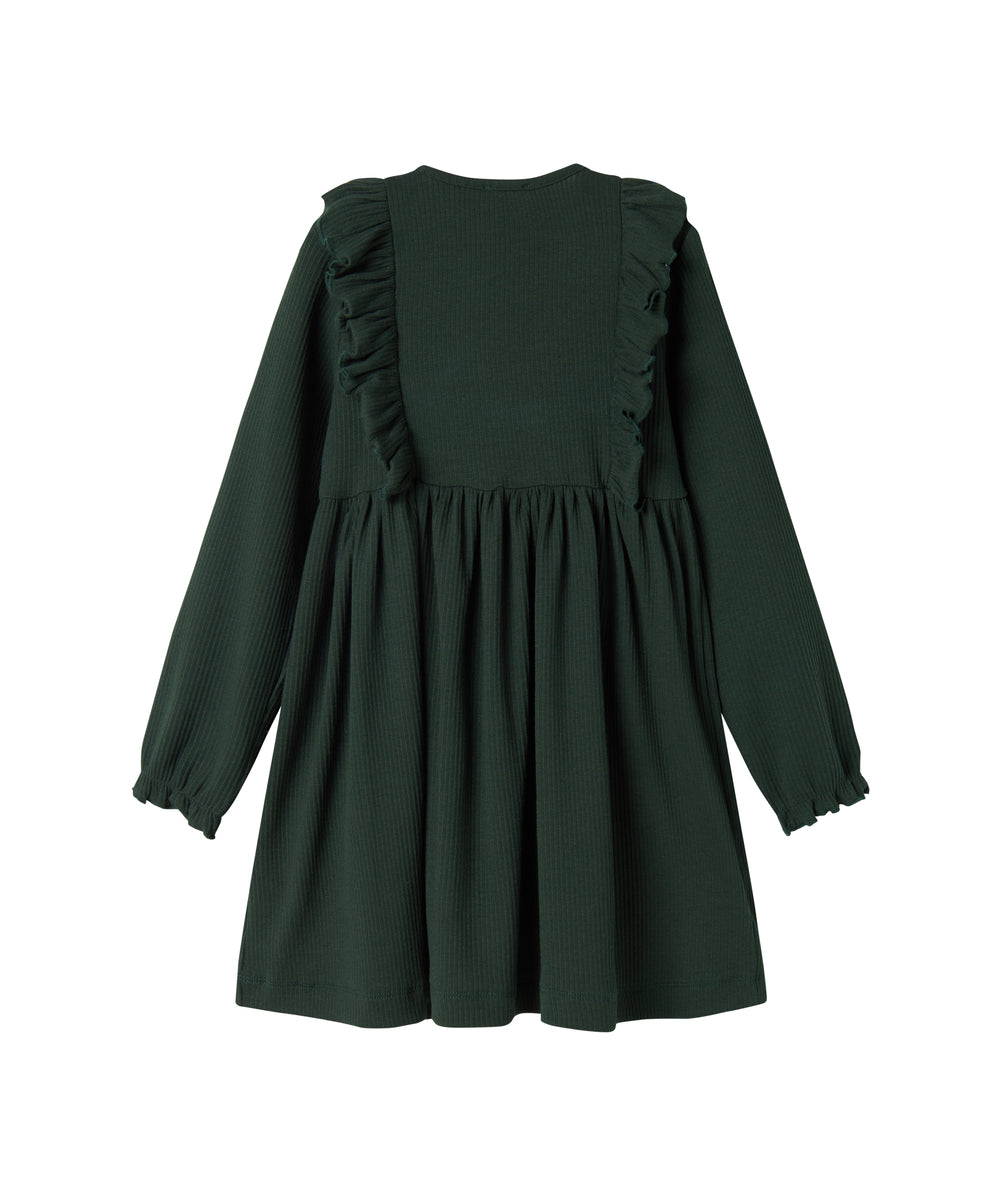 Grøn ribstrikket julekjole med flæser på skuldrene til børn