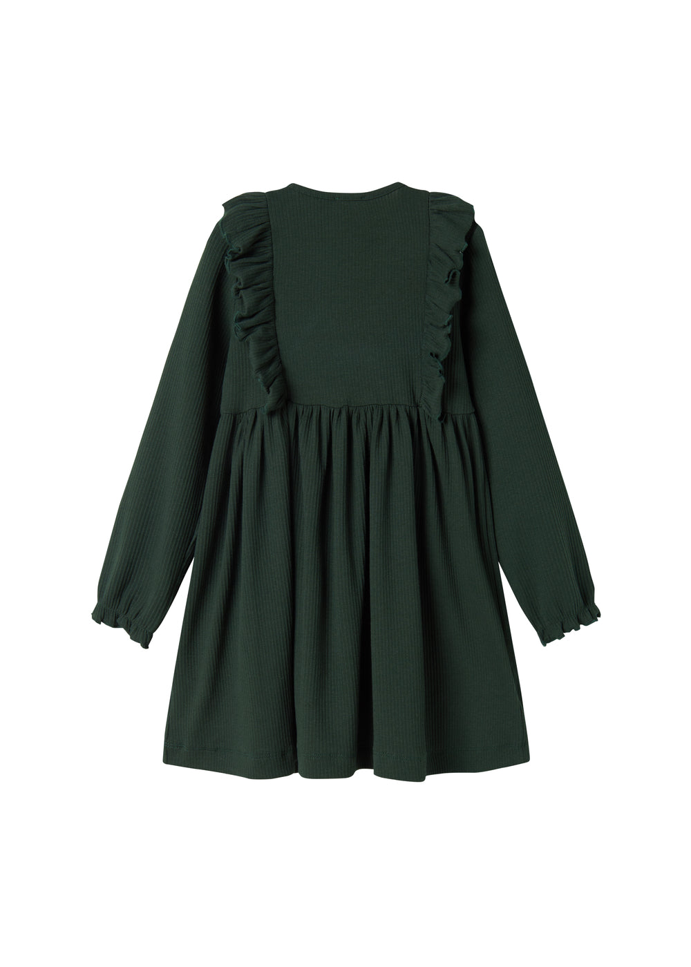 Grøn ribstrikket julekjole med flæser på skuldrene til børn