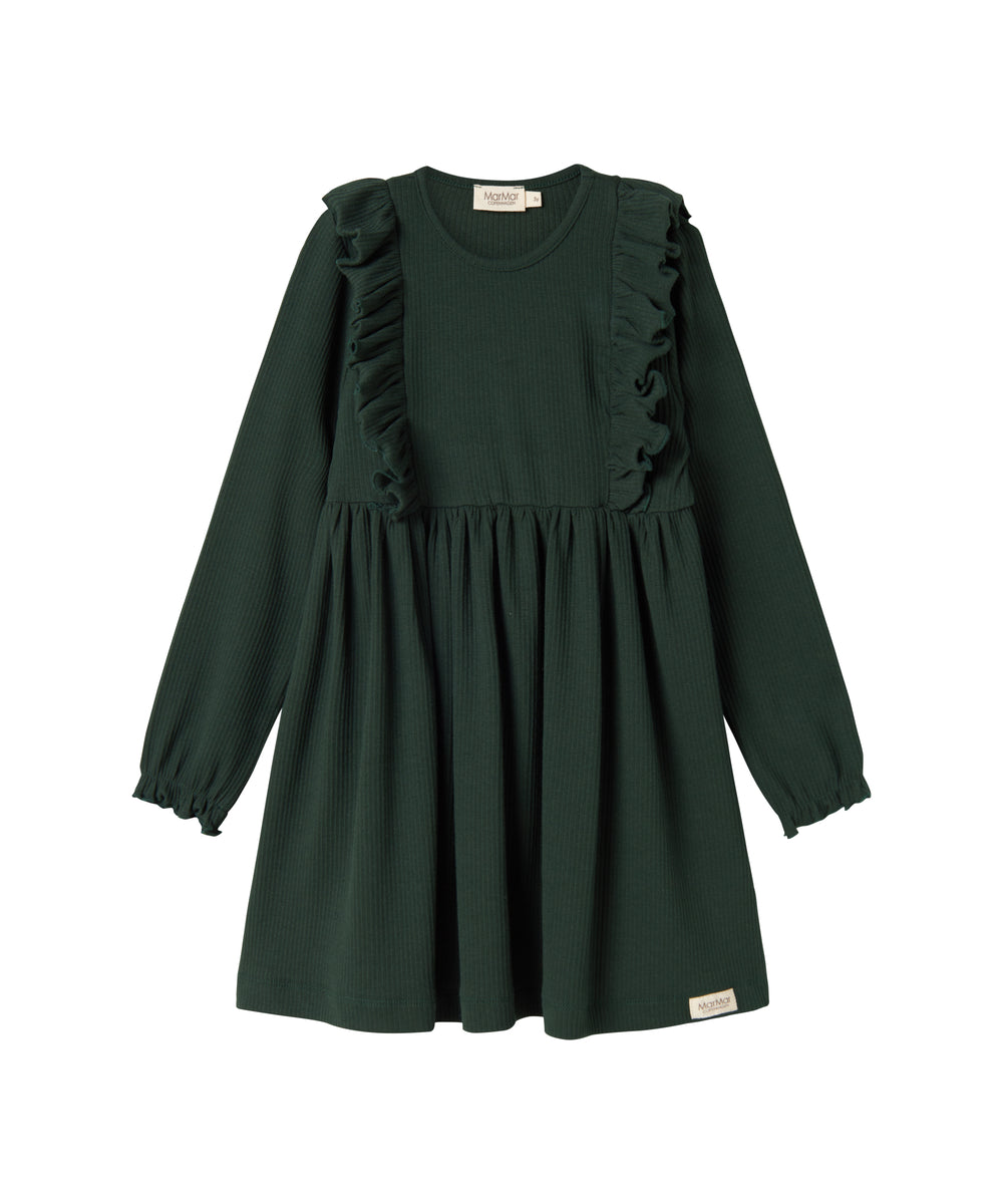 Grøn ribstrikket julekjole med flæser på skuldrene til børn