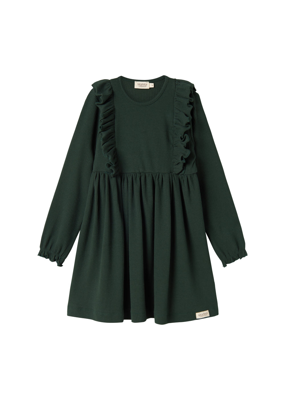 Grøn ribstrikket julekjole med flæser på skuldrene til børn