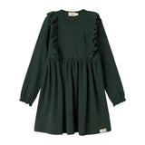 Grøn ribstrikket julekjole med flæser på skuldrene til børn