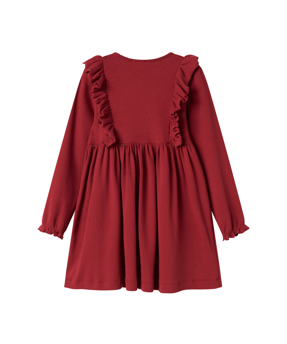 Rød ribstrikket julekjole med flæser på skuldrene til børn