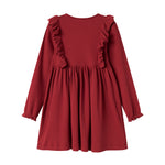 Rød ribstrikket julekjole med flæser på skuldrene til børn