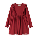 Rød ribstrikket julekjole med flæser på skuldrene til børn