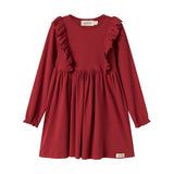 Rød ribstrikket julekjole med flæser på skuldrene til børn